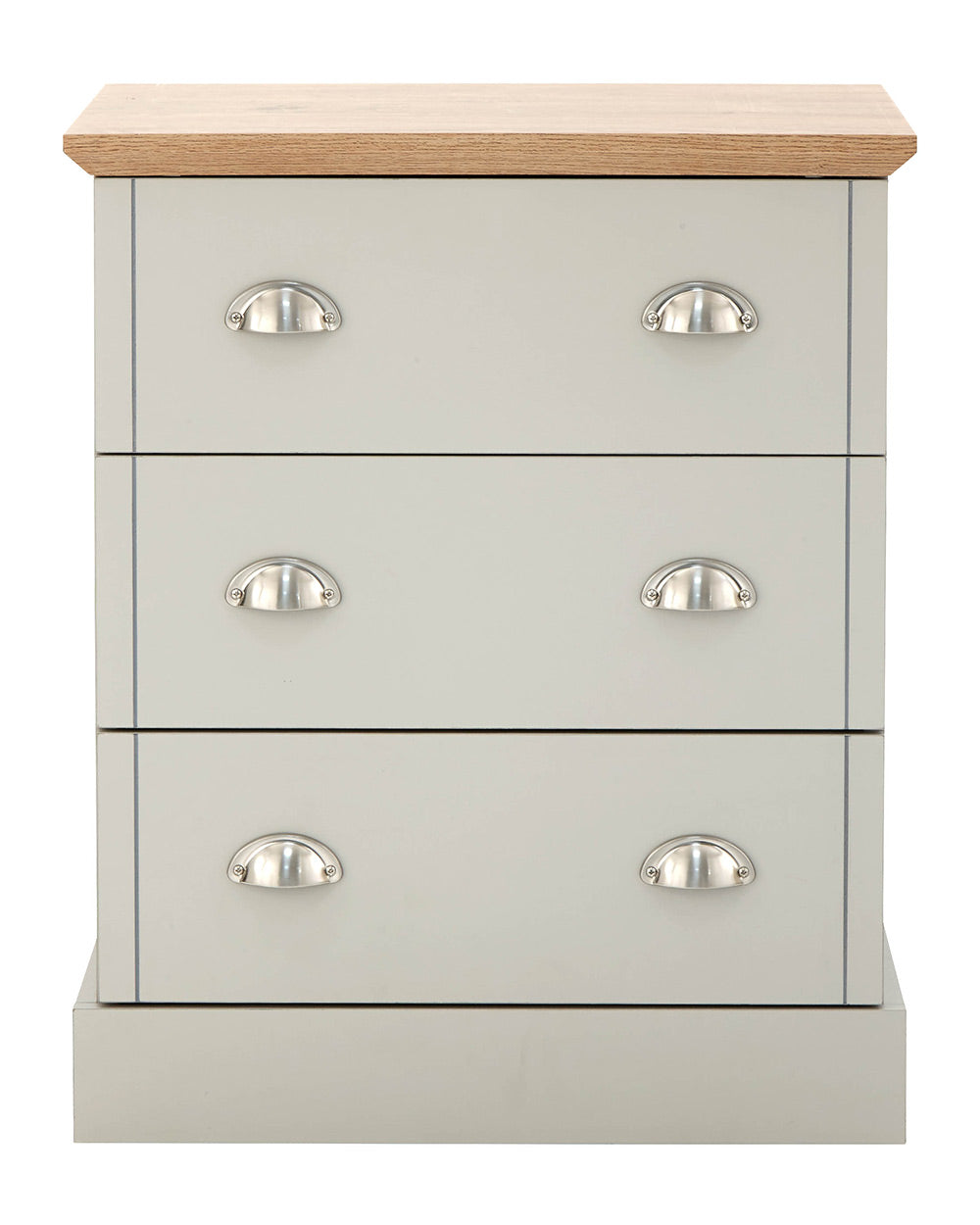 A modern grey chest of drawers with 3 drawers. Generous storage space for clothes and accessories. Features brushed steel cup handles and easy glide metal runners. Sturdy structure with a bevelled oak-effect top. Flat packed for home assembly. Perfect for adding a personal touch to your room.