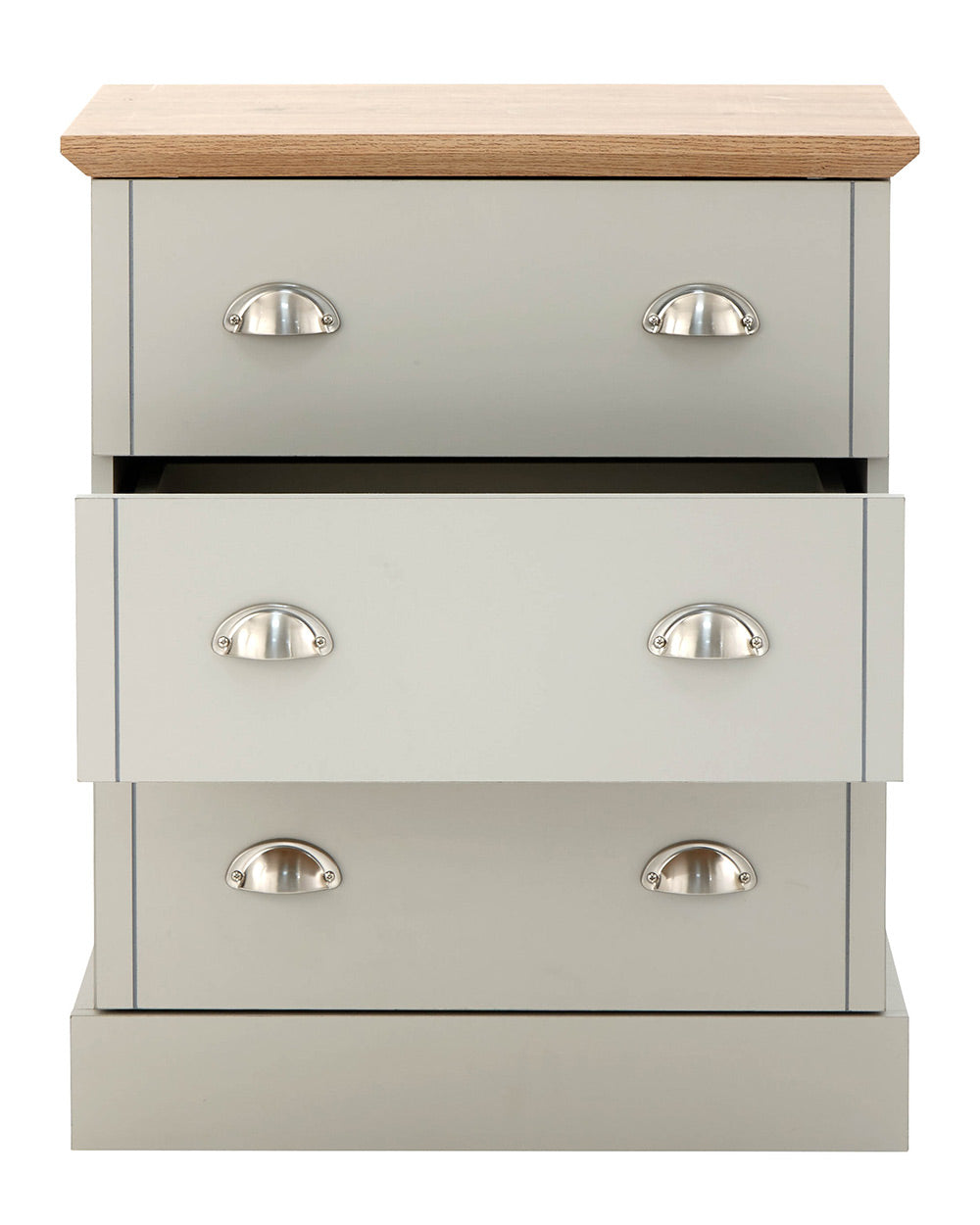 A modern grey chest of drawers with 3 drawers. Generous storage space for clothes and accessories. Features brushed steel cup handles and easy glide metal runners. Sturdy structure with a bevelled oak-effect top. Flat packed for home assembly. Perfect for adding a personal touch to your room.