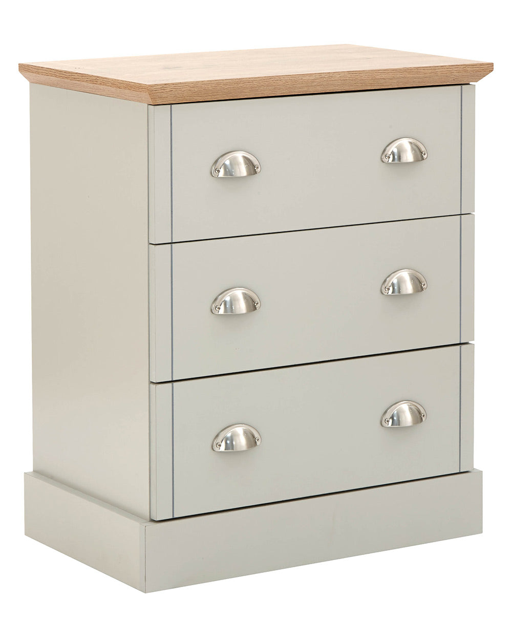A modern grey chest of drawers with 3 drawers. Generous storage space for clothes and accessories. Features brushed steel cup handles and easy glide metal runners. Sturdy structure with a bevelled oak-effect top. Flat packed for home assembly. Perfect for adding a personal touch to your room.
