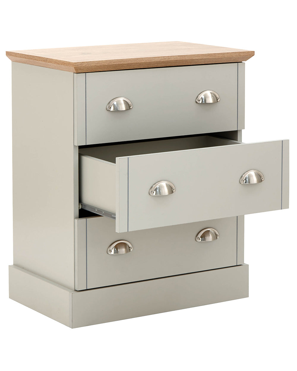 A modern grey chest of drawers with 3 drawers. Generous storage space for clothes and accessories. Features brushed steel cup handles and easy glide metal runners. Sturdy structure with a bevelled oak-effect top. Flat packed for home assembly. Perfect for adding a personal touch to your room.