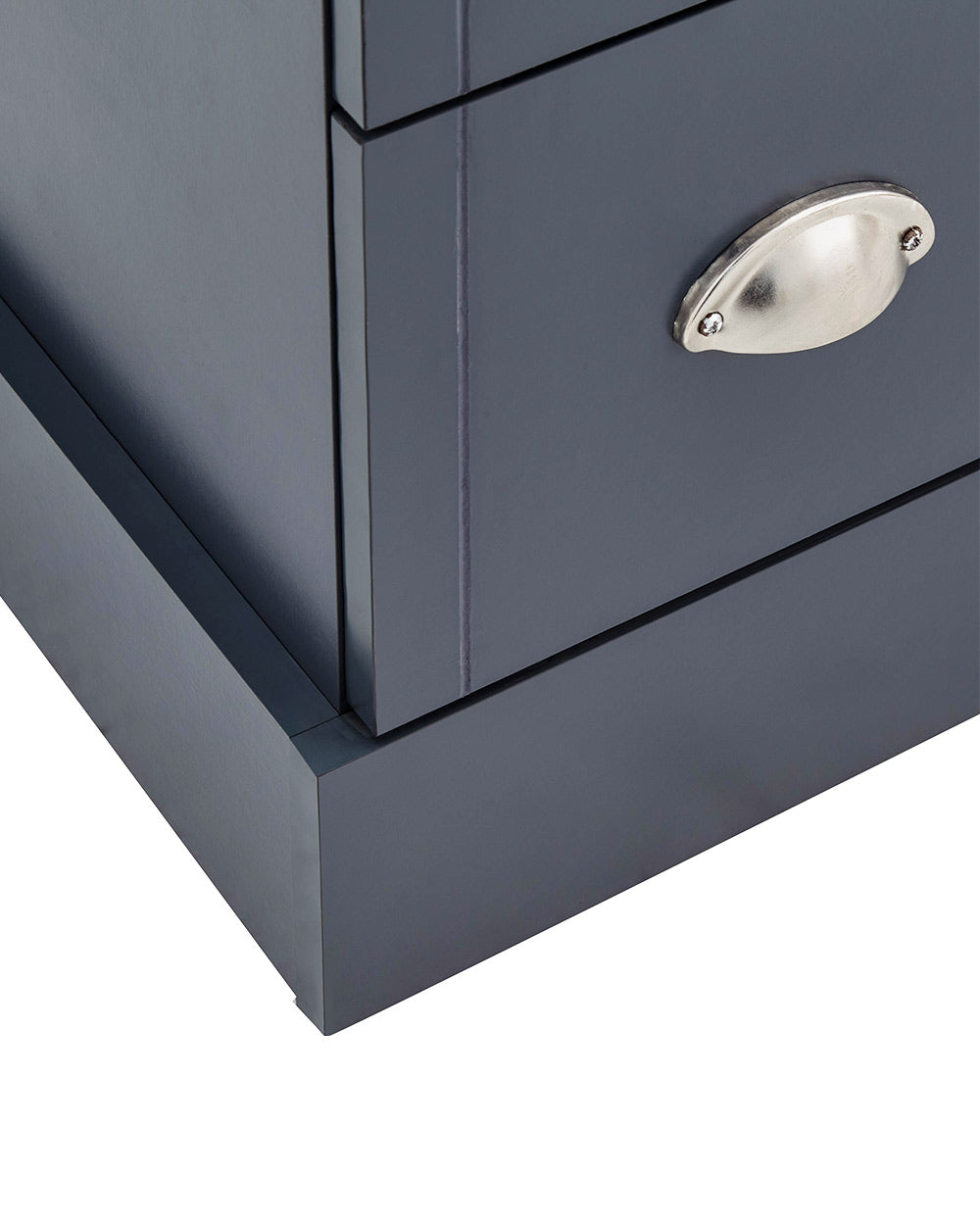 A modern grey chest of drawers with 3 drawers. Generous storage space for clothes and accessories. Features brushed steel cup handles and easy glide metal runners. Sturdy structure with a bevelled oak-effect top. Flat packed for home assembly. Perfect for adding a personal touch to your room.