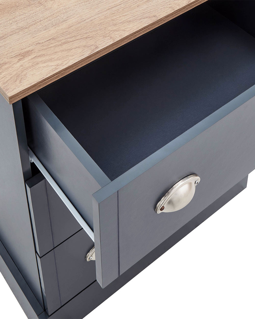 A modern grey chest of drawers with 3 drawers. Generous storage space for clothes and accessories. Features brushed steel cup handles and easy glide metal runners. Sturdy structure with a bevelled oak-effect top. Flat packed for home assembly. Perfect for adding a personal touch to your room.