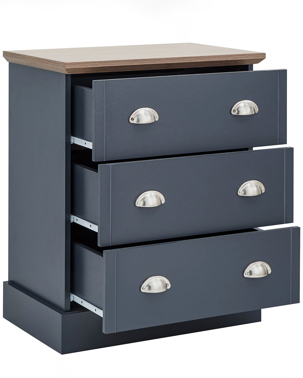 A modern grey chest of drawers with 3 drawers. Generous storage space for clothes and accessories. Features brushed steel cup handles and easy glide metal runners. Sturdy structure with a bevelled oak-effect top. Flat packed for home assembly. Perfect for adding a personal touch to your room.