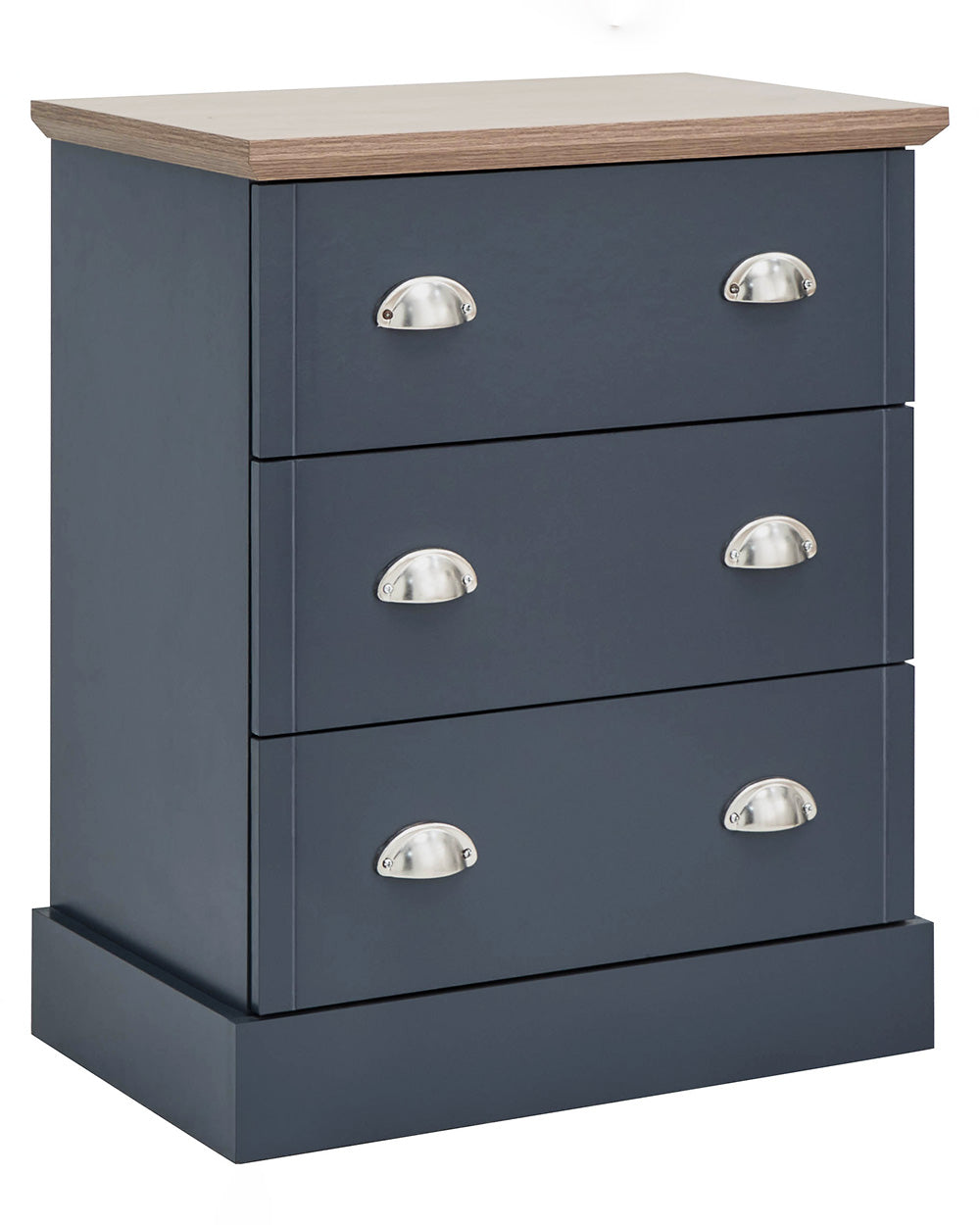 A modern grey chest of drawers with 3 drawers. Generous storage space for clothes and accessories. Features brushed steel cup handles and easy glide metal runners. Sturdy structure with a bevelled oak-effect top. Flat packed for home assembly. Perfect for adding a personal touch to your room.