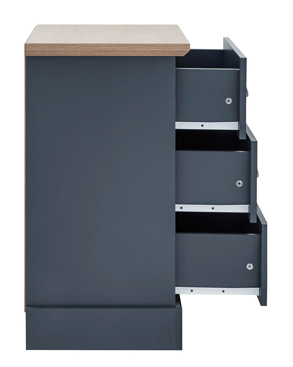 A modern grey chest of drawers with 3 drawers. Generous storage space for clothes and accessories. Features brushed steel cup handles and easy glide metal runners. Sturdy structure with a bevelled oak-effect top. Flat packed for home assembly. Perfect for adding a personal touch to your room.