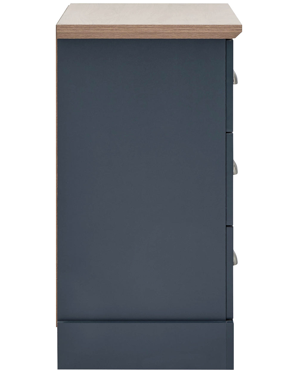 A modern grey chest of drawers with 3 drawers. Generous storage space for clothes and accessories. Features brushed steel cup handles and easy glide metal runners. Sturdy structure with a bevelled oak-effect top. Flat packed for home assembly. Perfect for adding a personal touch to your room.