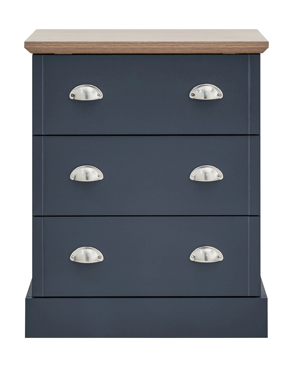A modern grey chest of drawers with 3 drawers. Generous storage space for clothes and accessories. Features brushed steel cup handles and easy glide metal runners. Sturdy structure with a bevelled oak-effect top. Flat packed for home assembly. Perfect for adding a personal touch to your room.