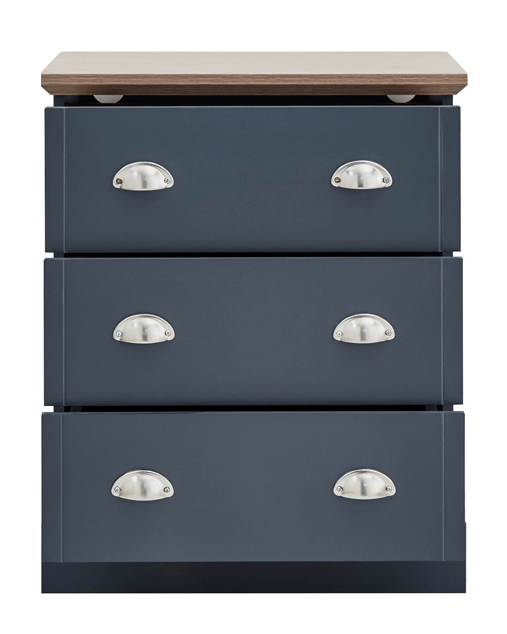 A modern grey chest of drawers with 3 drawers. Generous storage space for clothes and accessories. Features brushed steel cup handles and easy glide metal runners. Sturdy structure with a bevelled oak-effect top. Flat packed for home assembly. Perfect for adding a personal touch to your room.