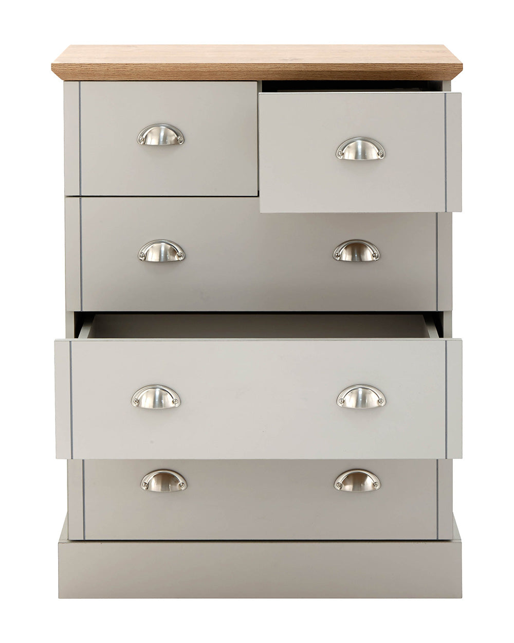 2 + 3 Chest Of Drawers Grey With Oak Effect cut out drawers open