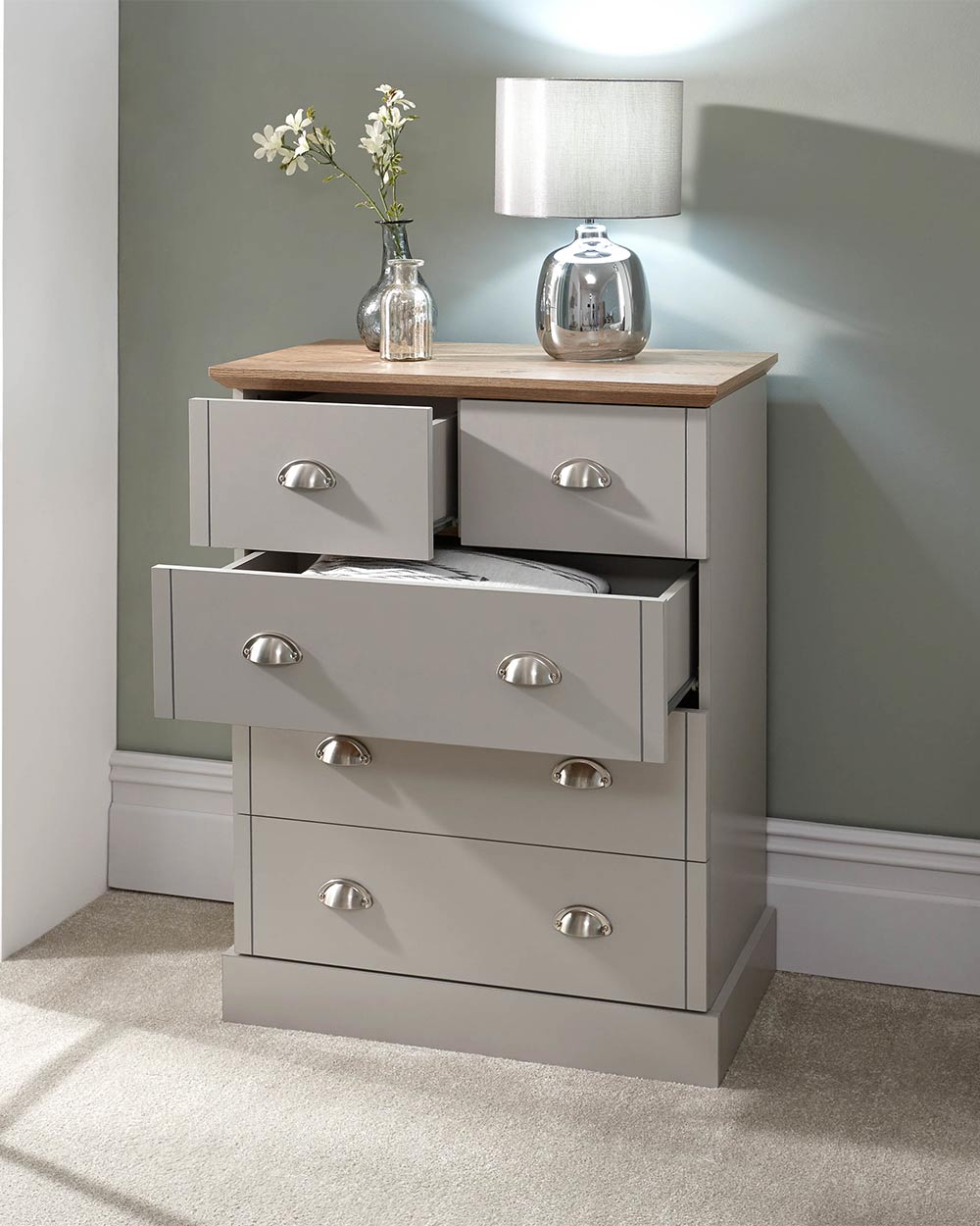 2 + 3 Chest Of Drawers Grey With Oak Effect GFW drawers open