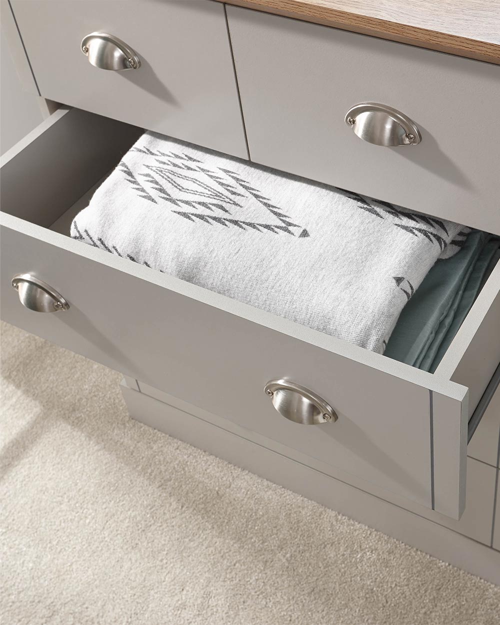 2 + 3 Chest Of Drawers Grey With Oak Effect close up drawer