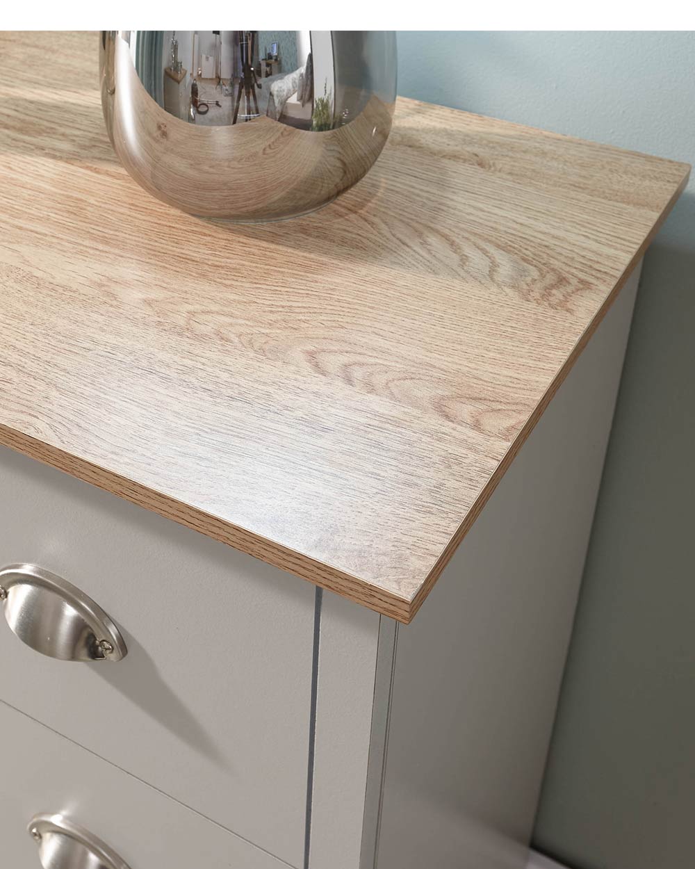 2 + 3 Chest Of Drawers Grey With Oak Effect close up of the top oak effect