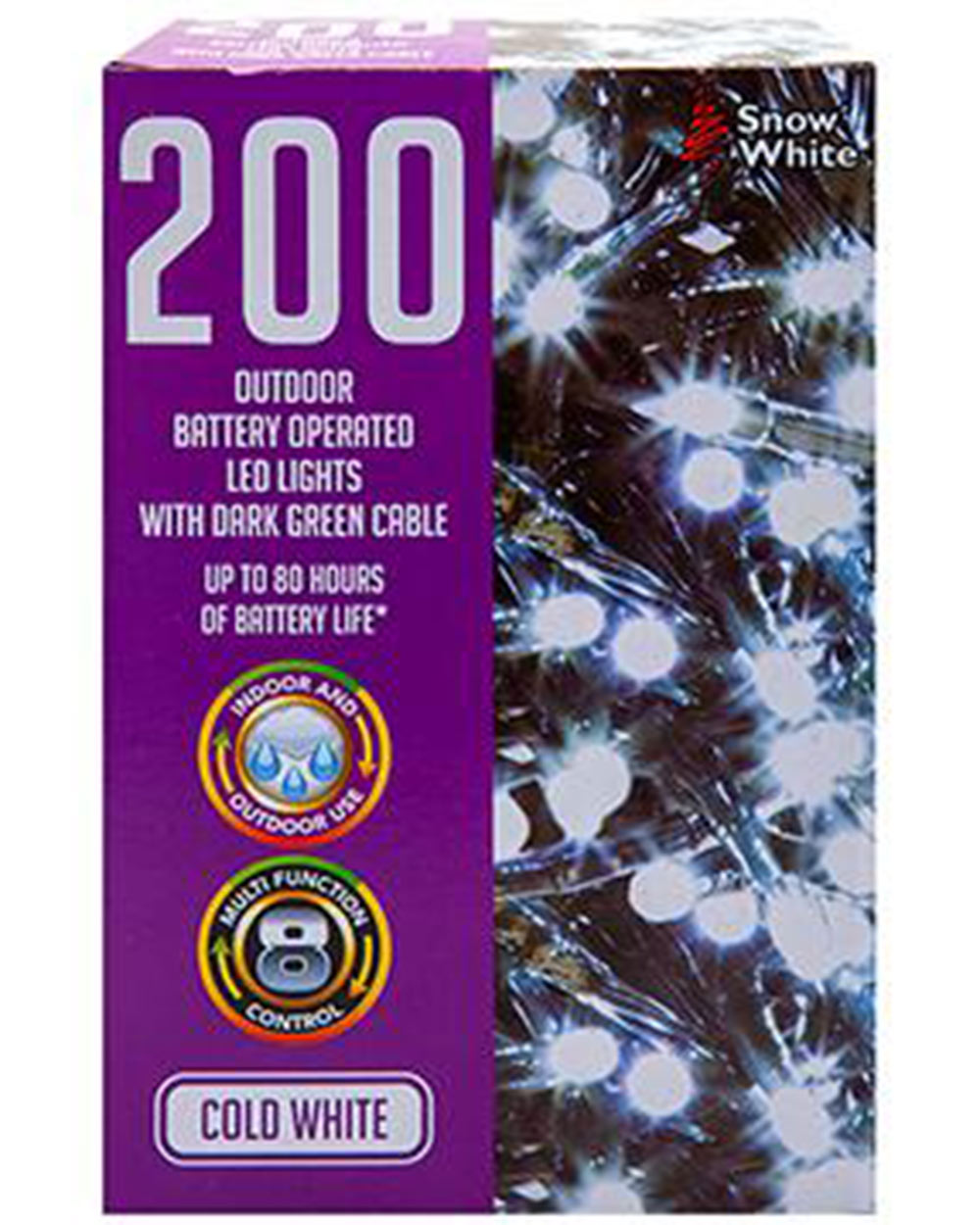 These Christmas LED lights are suitable to use indoor or outdoor use. The perfect lighting for decorating your home. 8 different settings and a timer control. The lights are battery operated so they can be set up anywhere as there is no need for a plug socket. These battery operated LED lights have up to 80 hours battery life. The lights require 4 x AA batteries (batteries not included). Each bulb is spaced 10 mm apart and has a 30 cm lead wire with a dark green cable.