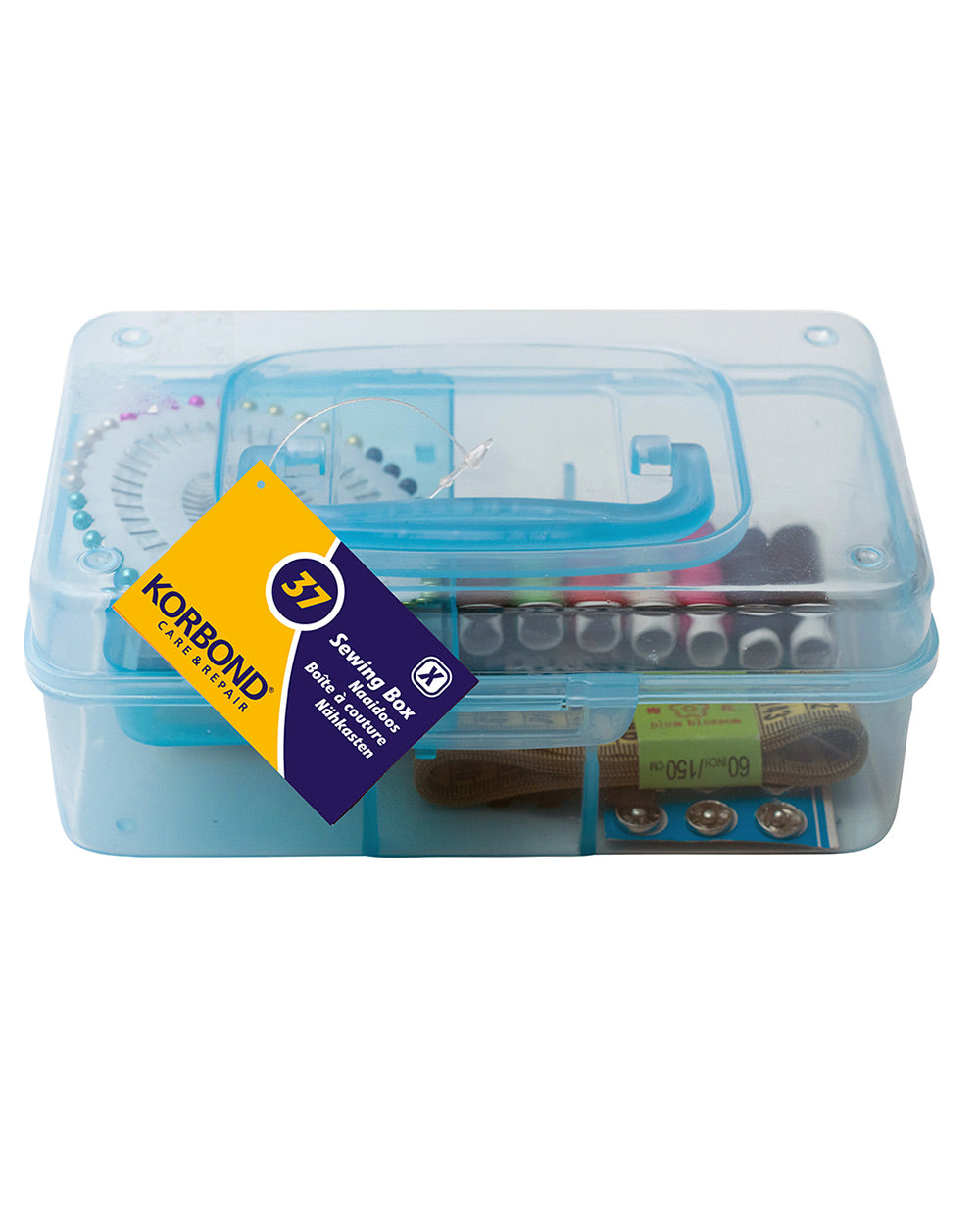This essential sewing kit contains everything you need to start small crafting projects. Perfect for repair jobs, or a beginner starting a new hobby or as a perfect gift for a keen sewer. Lightweight and portable, this sewing box features a tray inside. Keeping smaller accessories from being lost or becoming messy. With a secure clip closure and carry handle, this set it easy to transport. 37 pieces