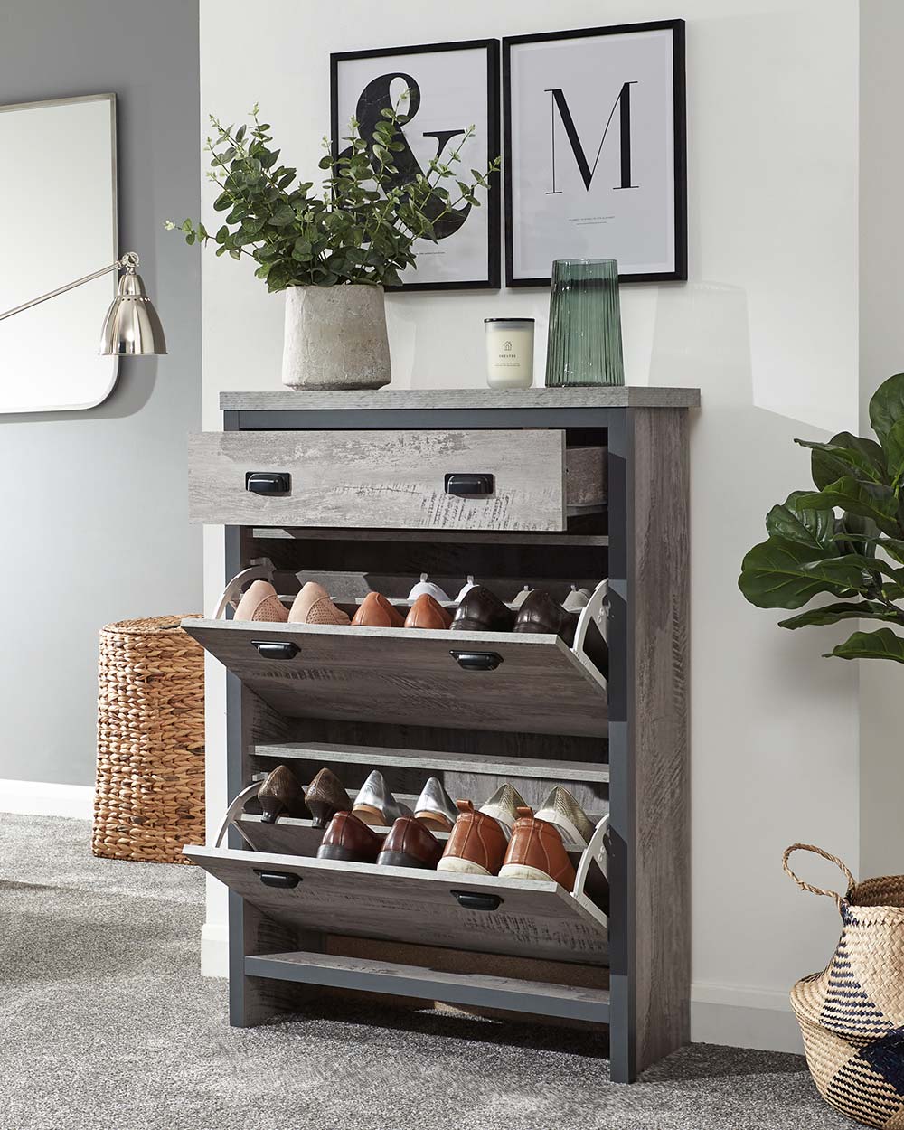 Looking for modern inspired shoe storage? This slim shoe cabinet will create the tidiest of bedrooms, living rooms, or hallways!  It's slender design makes it a smart choice for narrow spaces.