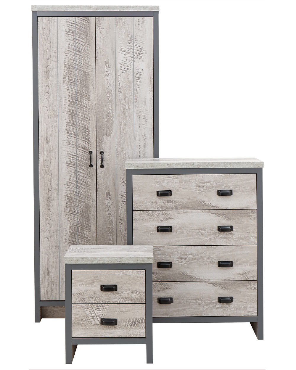 Looking for a modern bedroom furniture set? Then this 3 piece set will bring a splash of urban-chic to any interior! Comprising of; a wardrobe, a set of drawers and a bedside table.