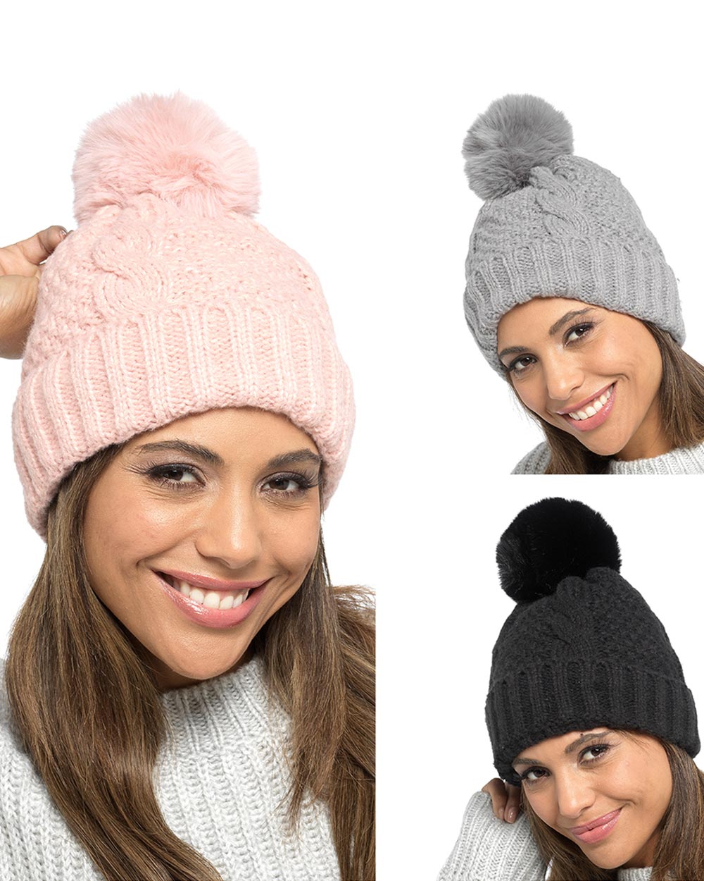ladies warm winter hat bobble hat cable knit cute