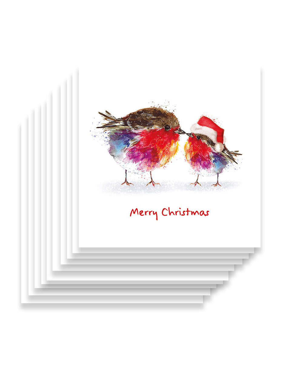 Introducing our enchanting pack of 10 charity Christmas cards, designed to bring a smile to your face and warmth to your heart. These cards feature an endearing duo: a pair of fluffy red-breasted Robins, one of them a sweet baby wearing a festive Christmas hat. Their charm is perfectly complemented by the heartfelt message "Merry Christmas" in a joyful shade of red printed on the front of each card.