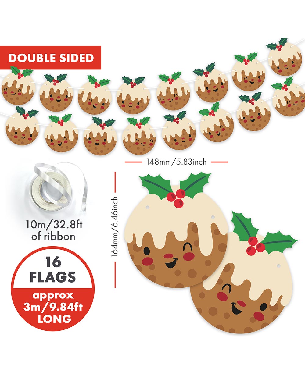 Introducing our delightful Christmas bunting with Christmas pudding Emoji faces. The perfect addition to your holiday decorations! This festive bunting features 16 charming Christmas pudding flags, each measuring 14.8cm by 16.4cm, and they're all double-sided with adorable emoji faces that will bring a smile to everyone's face. With a generous 10-meter white ribbon included, setting up your Christmas bunting couldn't be easier
