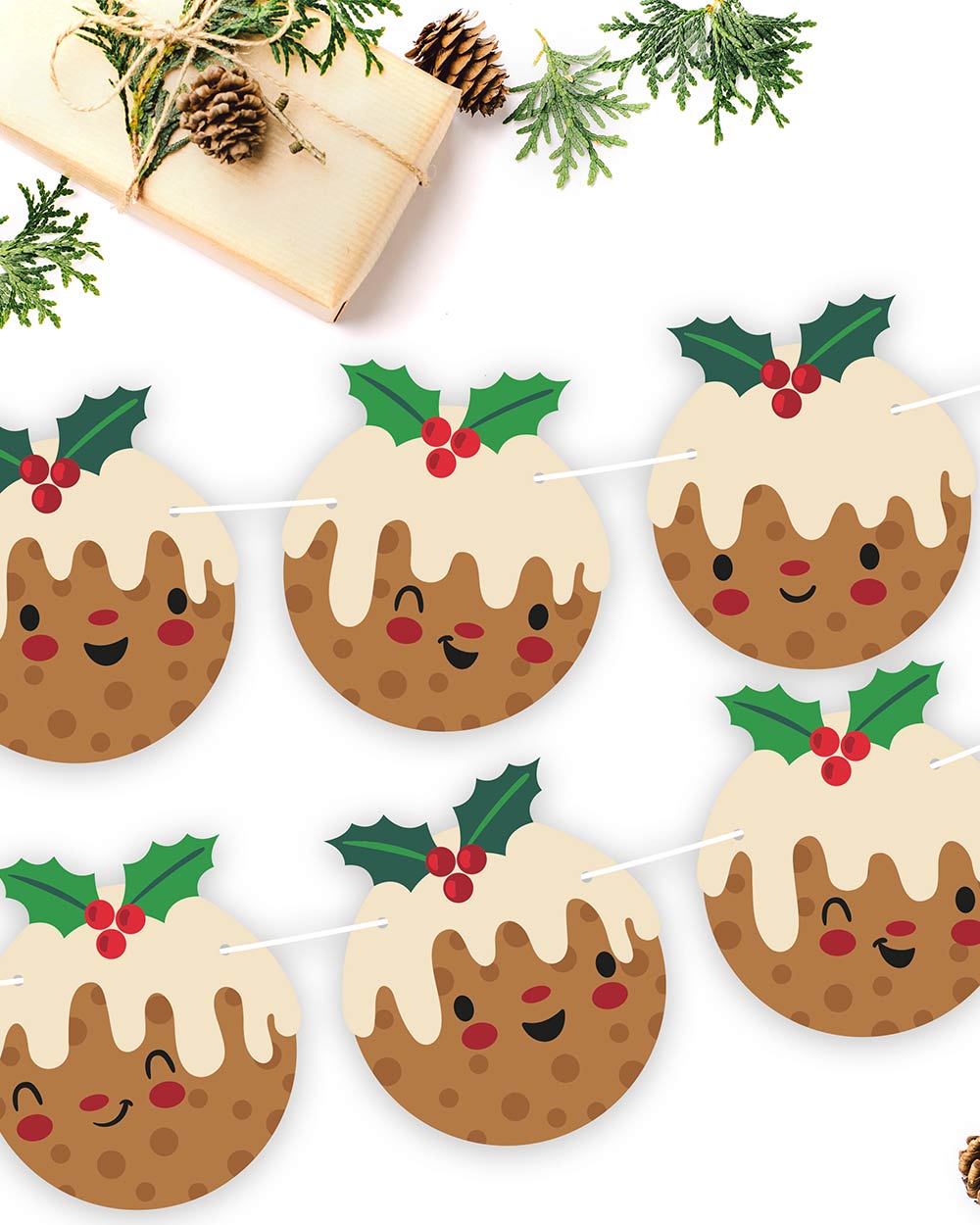 Introducing our delightful Christmas bunting with Christmas pudding Emoji faces. The perfect addition to your holiday decorations! This festive bunting features 16 charming Christmas pudding flags, each measuring 14.8cm by 16.4cm, and they're all double-sided with adorable emoji faces that will bring a smile to everyone's face. With a generous 10-meter white ribbon included, setting up your Christmas bunting couldn't be easier