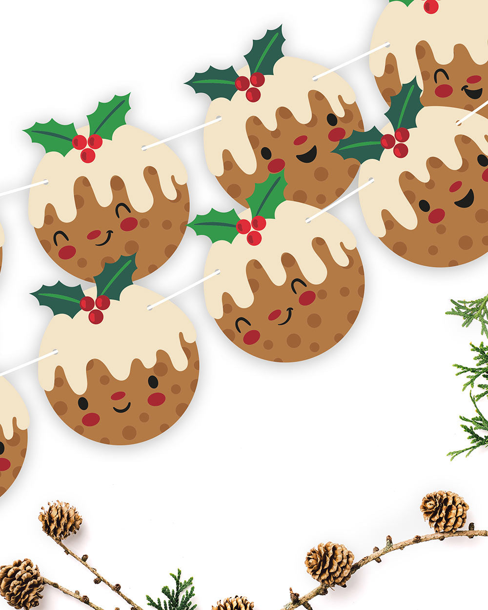 Introducing our delightful Christmas bunting with Christmas pudding Emoji faces. The perfect addition to your holiday decorations! This festive bunting features 16 charming Christmas pudding flags, each measuring 14.8cm by 16.4cm, and they're all double-sided with adorable emoji faces that will bring a smile to everyone's face. With a generous 10-meter white ribbon included, setting up your Christmas bunting couldn't be easier
