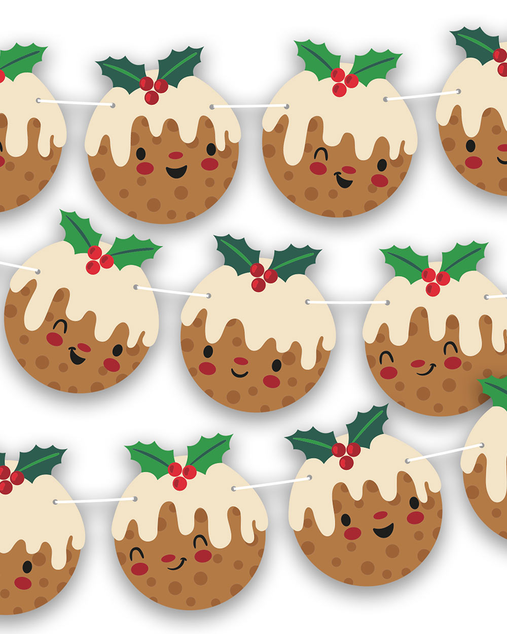 Introducing our delightful Christmas bunting with Christmas pudding Emoji faces. The perfect addition to your holiday decorations! This festive bunting features 16 charming Christmas pudding flags, each measuring 14.8cm by 16.4cm, and they're all double-sided with adorable emoji faces that will bring a smile to everyone's face. With a generous 10-meter white ribbon included, setting up your Christmas bunting couldn't be easier