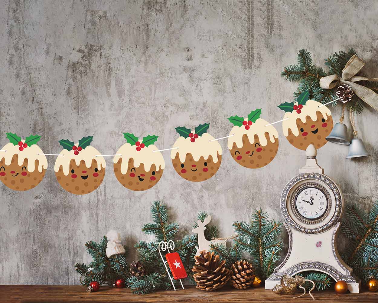Introducing our delightful Christmas bunting with Christmas pudding Emoji faces. The perfect addition to your holiday decorations! This festive bunting features 16 charming Christmas pudding flags, each measuring 14.8cm by 16.4cm, and they're all double-sided with adorable emoji faces that will bring a smile to everyone's face. With a generous 10-meter white ribbon included, setting up your Christmas bunting couldn't be easier