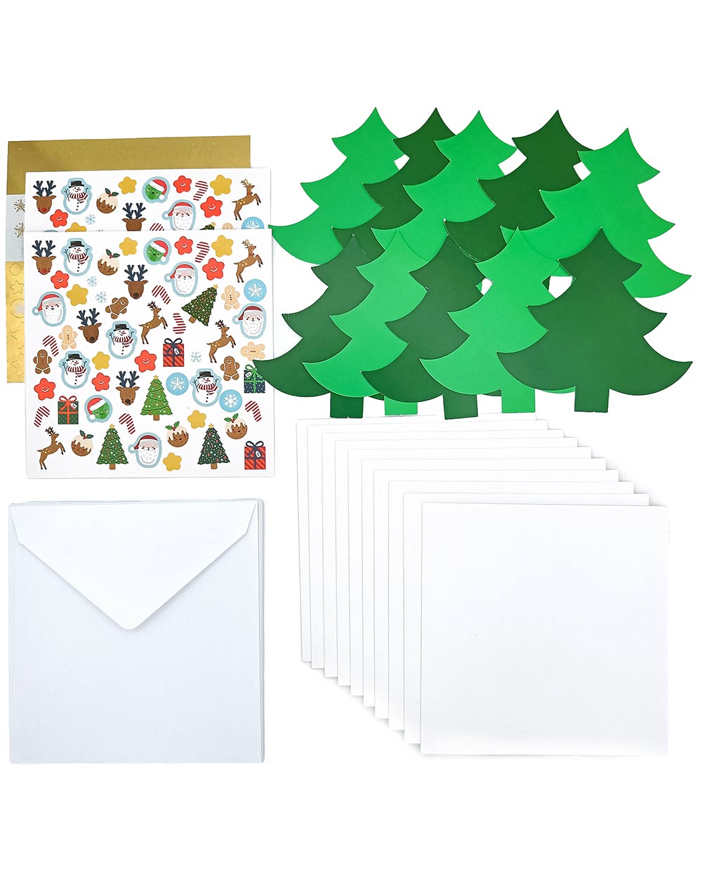 Inside this kit, you'll find 10 high-quality Christmas tree-shaped cards. With 5 light green and 5 dark green trees, you'll have the perfect canvas to create stunning, personalised cards. Accompanying these charming cards are 10 white envelopes, ensuring your heartfelt creations have the perfect finishing touch. With an array of 140 jolly festive stickers, from candy canes to gingerbread men, snowmen to Santa Claus, reindeer to presents and more! and 110 gold stickers
