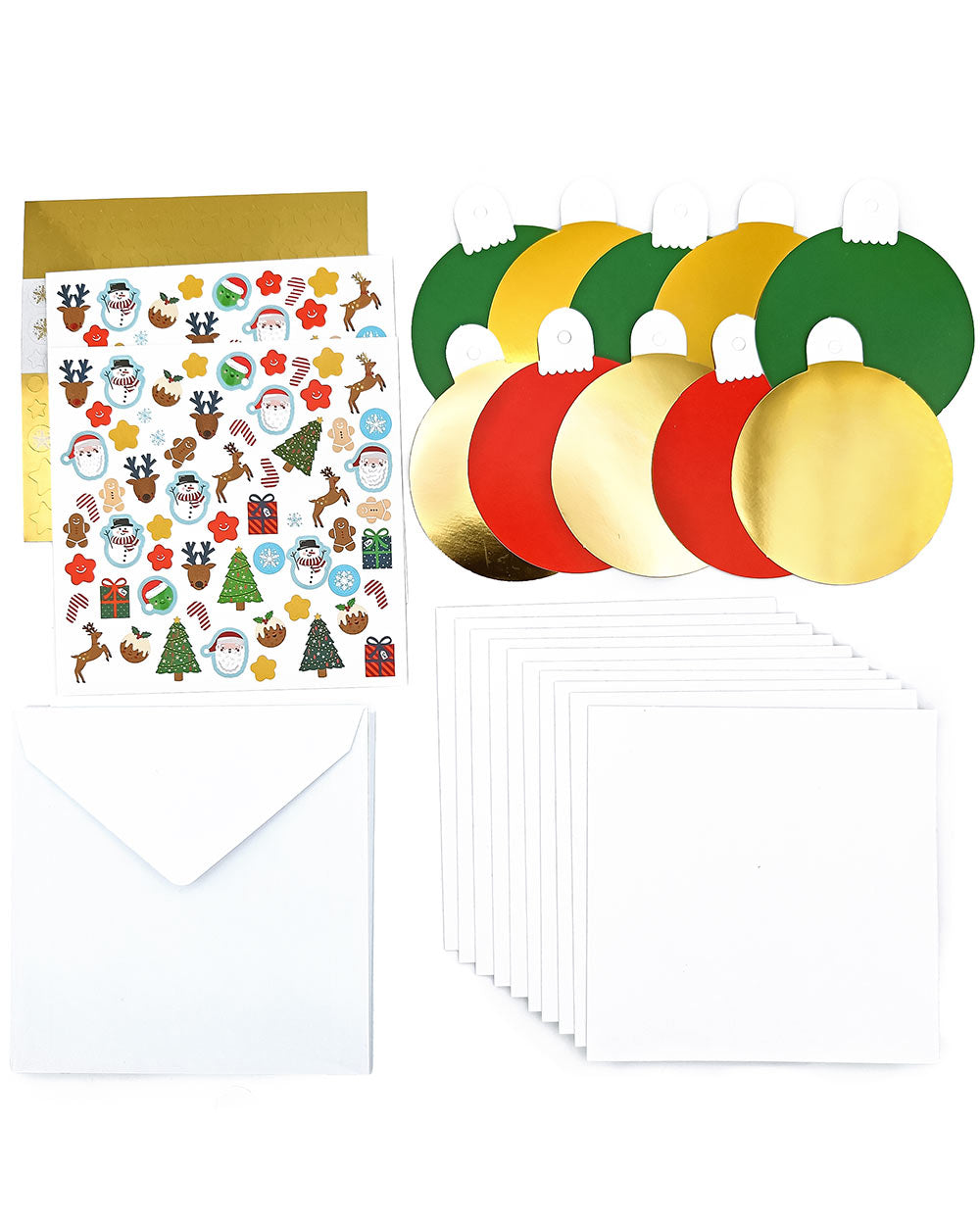 Inside, you'll discover 10 bauble-shaped cards. With 5 captivating green bauble cards and 5 vibrant red bauble cards, with a shimmering gold back. You'll have the perfect canvas to bring your imagination to life. Included in this Christmas card making kit is a whopping 250 stickers in total. Among these stickers, you'll find 140 jolly festive delights. Everything to make your own cards!