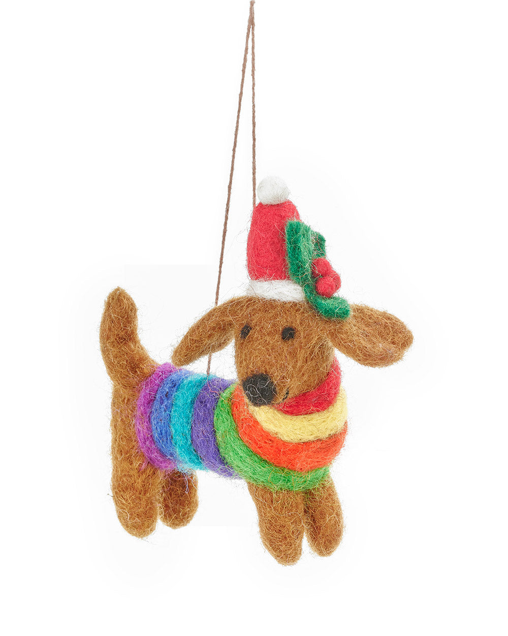 This adorable felt dachshund will definitely put a smile on your face. Designed with a colourful rainbow jumper and a Christmas hat, this little character is charming in every single way. So, put on those Christmas songs, and happily decorate your tree!
