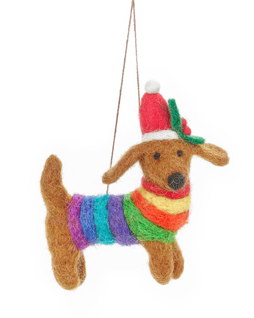 This adorable felt dachshund will definitely put a smile on your face. Designed with a colourful rainbow jumper and a Christmas hat, this little character is charming in every single way. So, put on those Christmas songs, and happily decorate your tree!