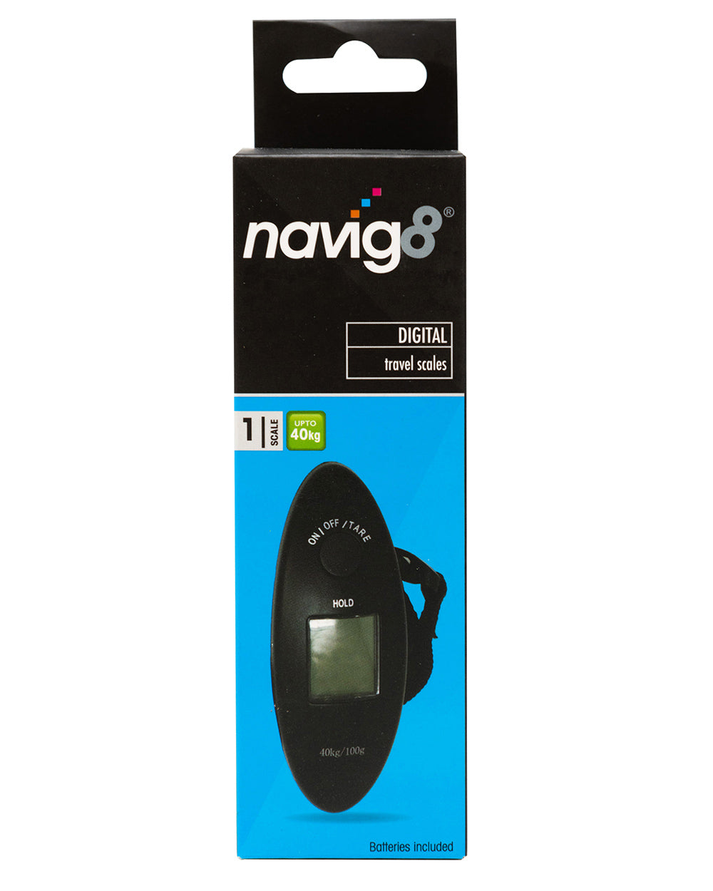 luggage scales Navig8 black electronic. Featured on a white cut out background boxed