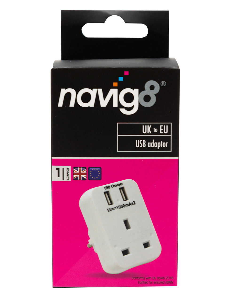 Navig8 travel adapter with USB ports boxed on a white back ground