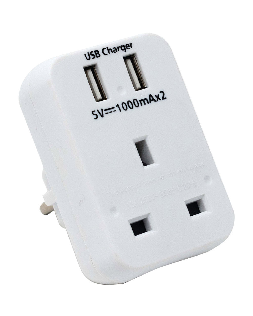 travel adapter unboxed with USB ports on a white background