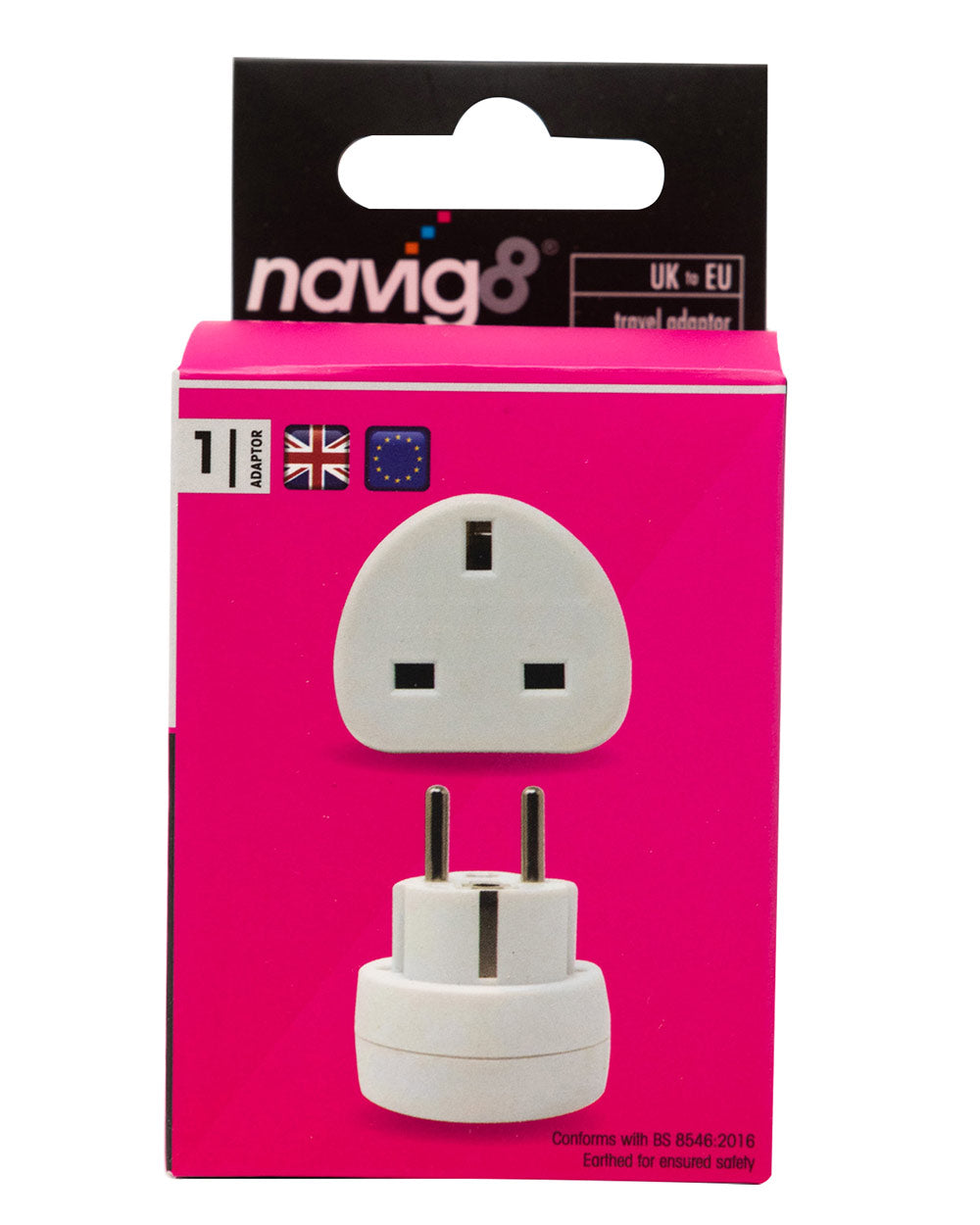 Travel adapter plug boxed on a white back ground
