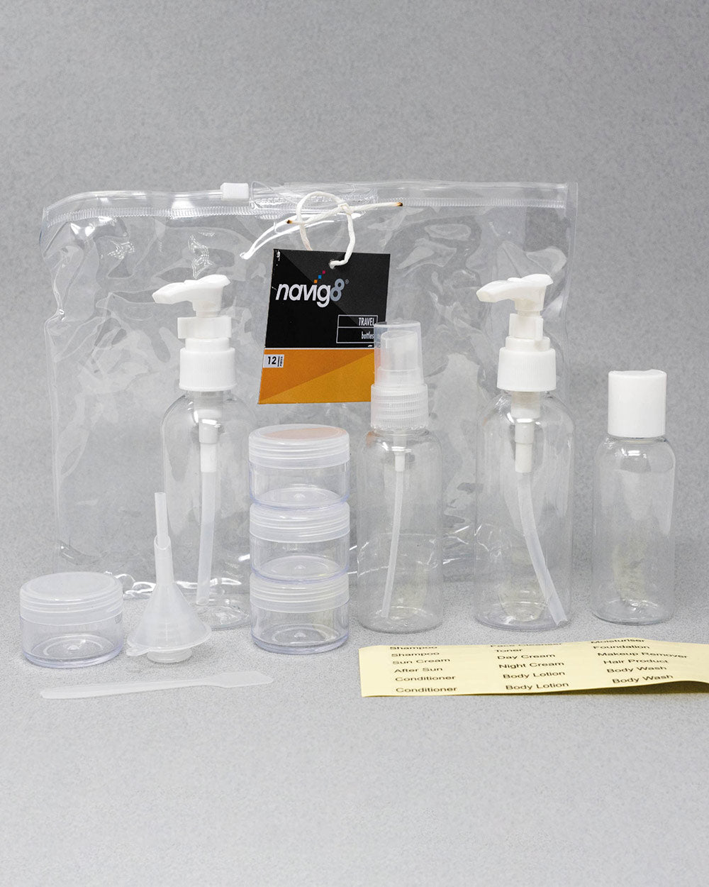 Travel set for toiletries clear bottles for airport/holiday contents