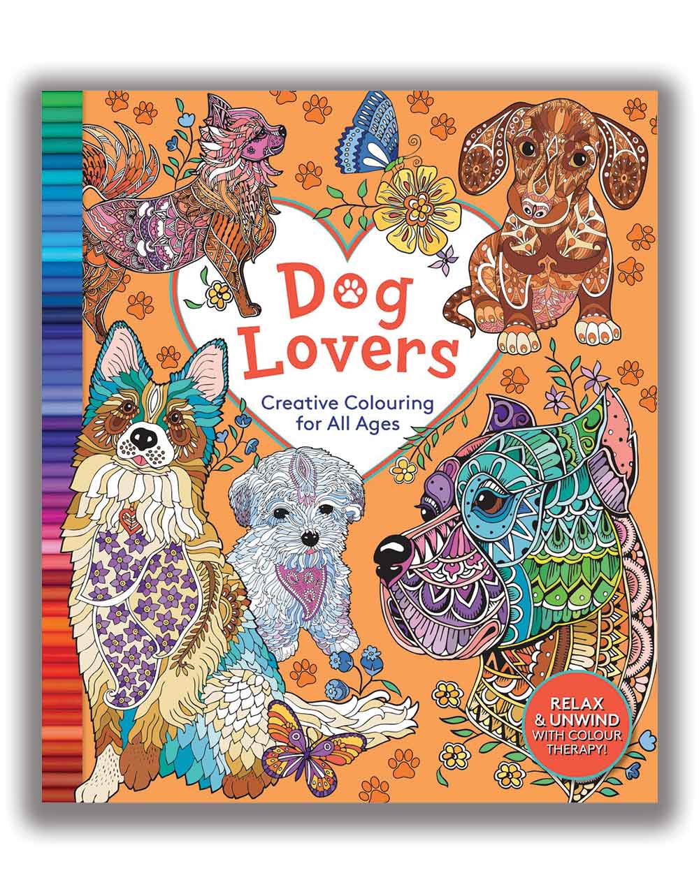 Dog Lovers colouring book gift for adults or children front cover on a white background