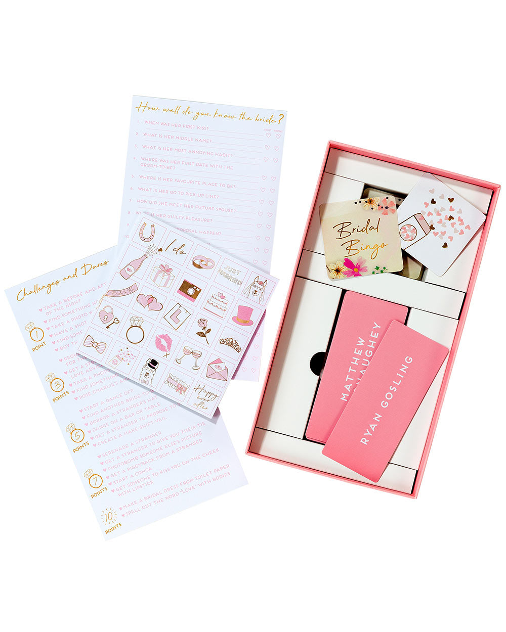 hen party games contents. bingo, challenges and dares, how well do you know the bride