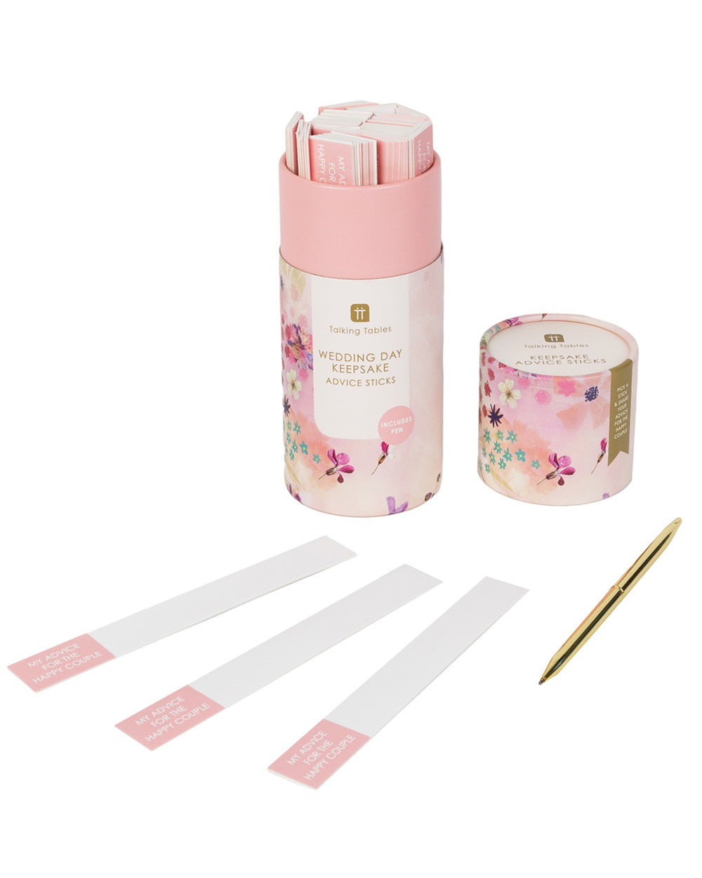 Advice Cards Wedding Day Keepsake 100PC Floral Box. Displayed with the box open, a few advice cards out with the pen on a white cut out back ground