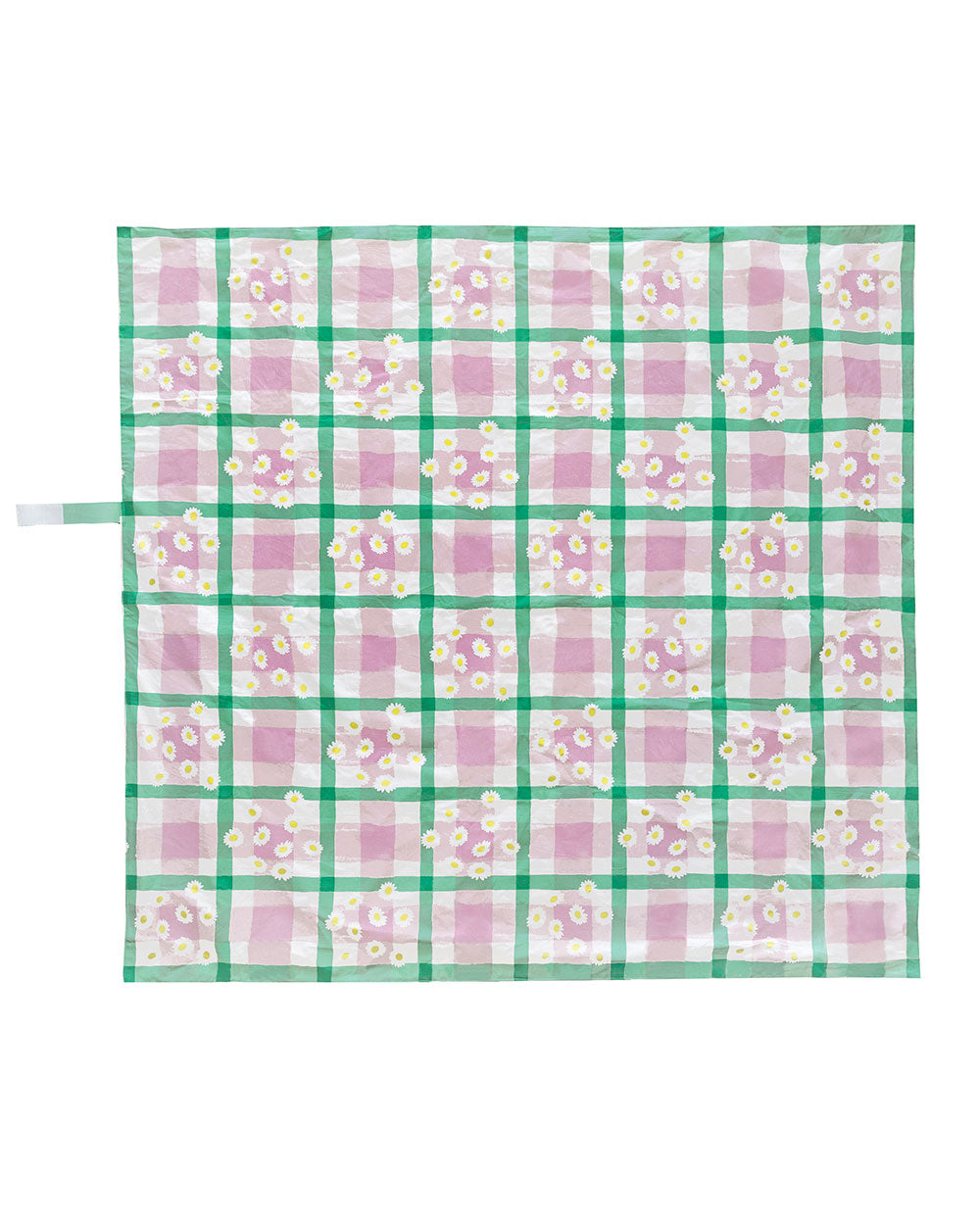 waterproof picnic blanket unfolded 140 x 140cm in a lilac and green gingham pattern adorned with daises