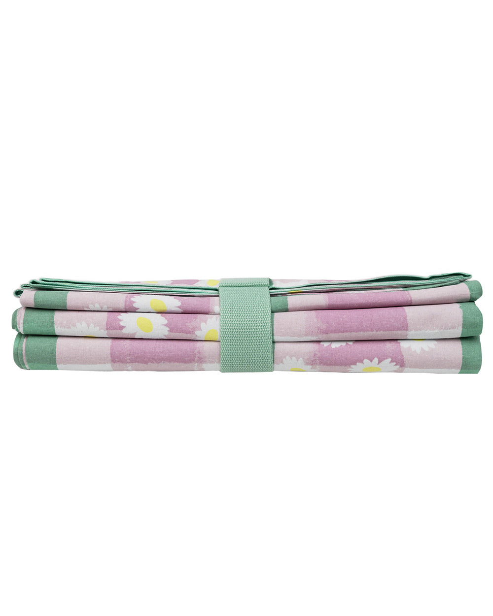 waterproof picnic blanket folded 140 x 140cm in a lilac and green gingham pattern adorned with daises