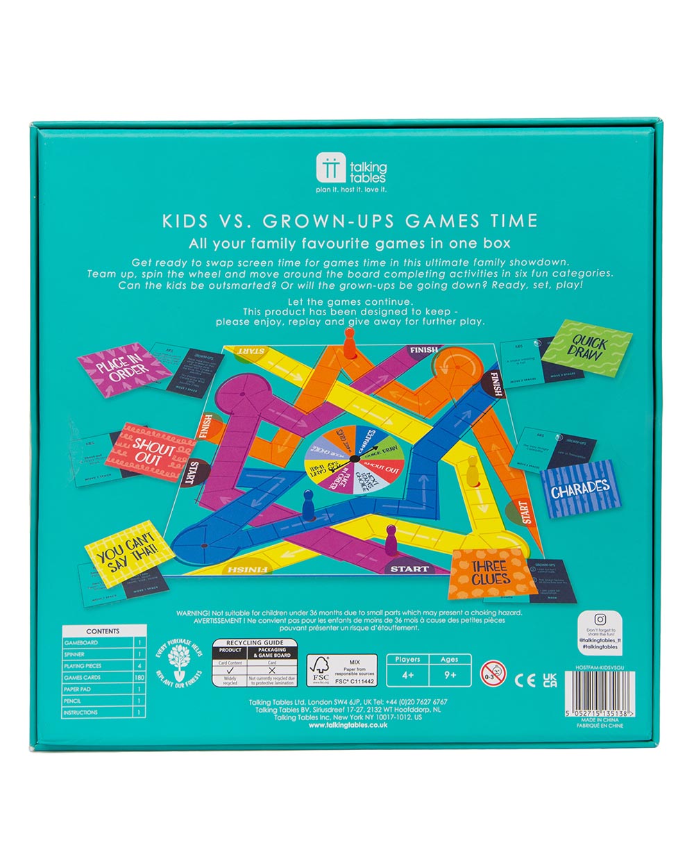 Family Board Game Kids VS Grown Ups Age 9-99 photo of the back of the box on a white cut out back ground