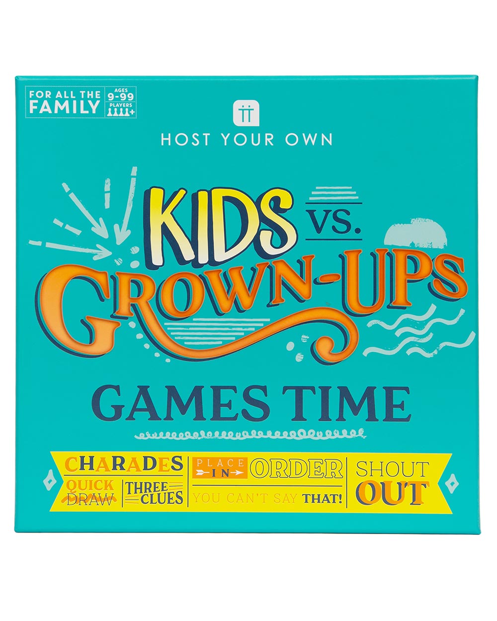Family Board Game Kids VS Grown Ups Age 9-99 photo of the front of the box on a white cut out background