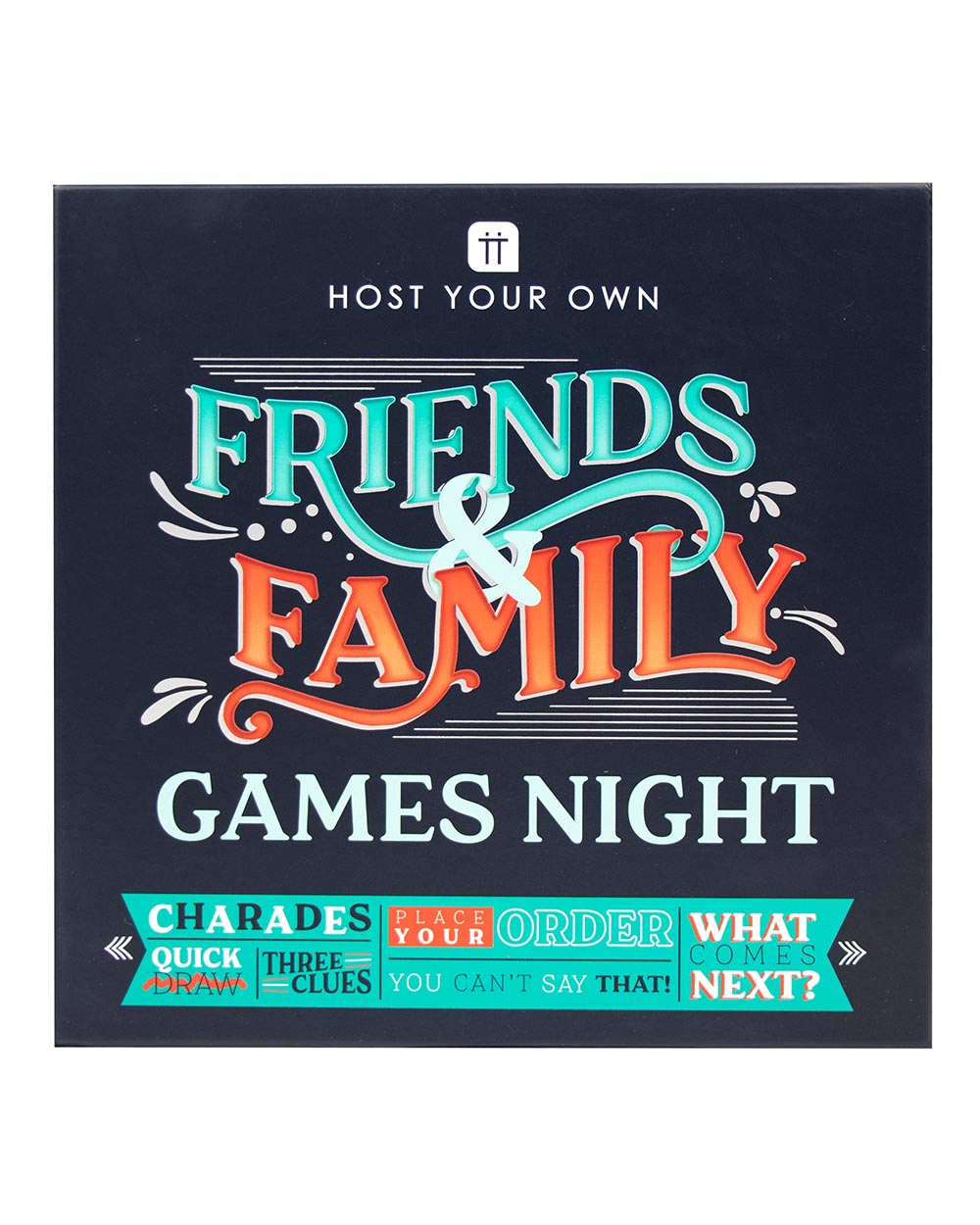 Friends and family games night board game, photo of the front of the box on a white cut out back ground