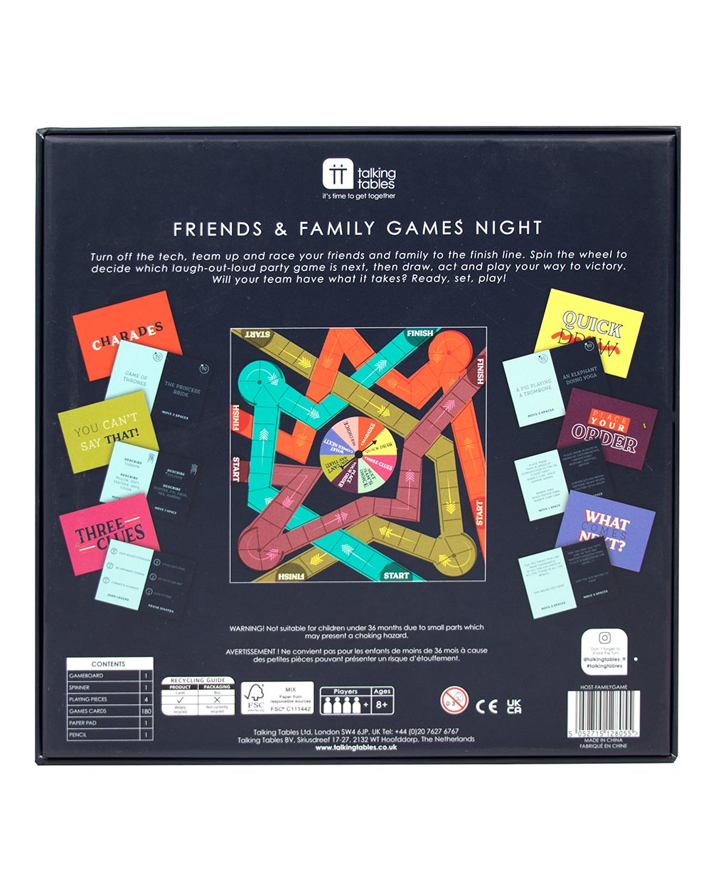 Friends and family games night photo of the back of the box on a white cut out background
