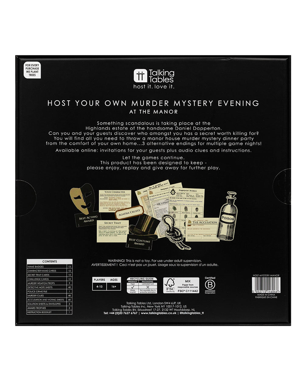 murder mystery game, at the manor in a tartan box. Photo of the back of the box on a white cut out back ground