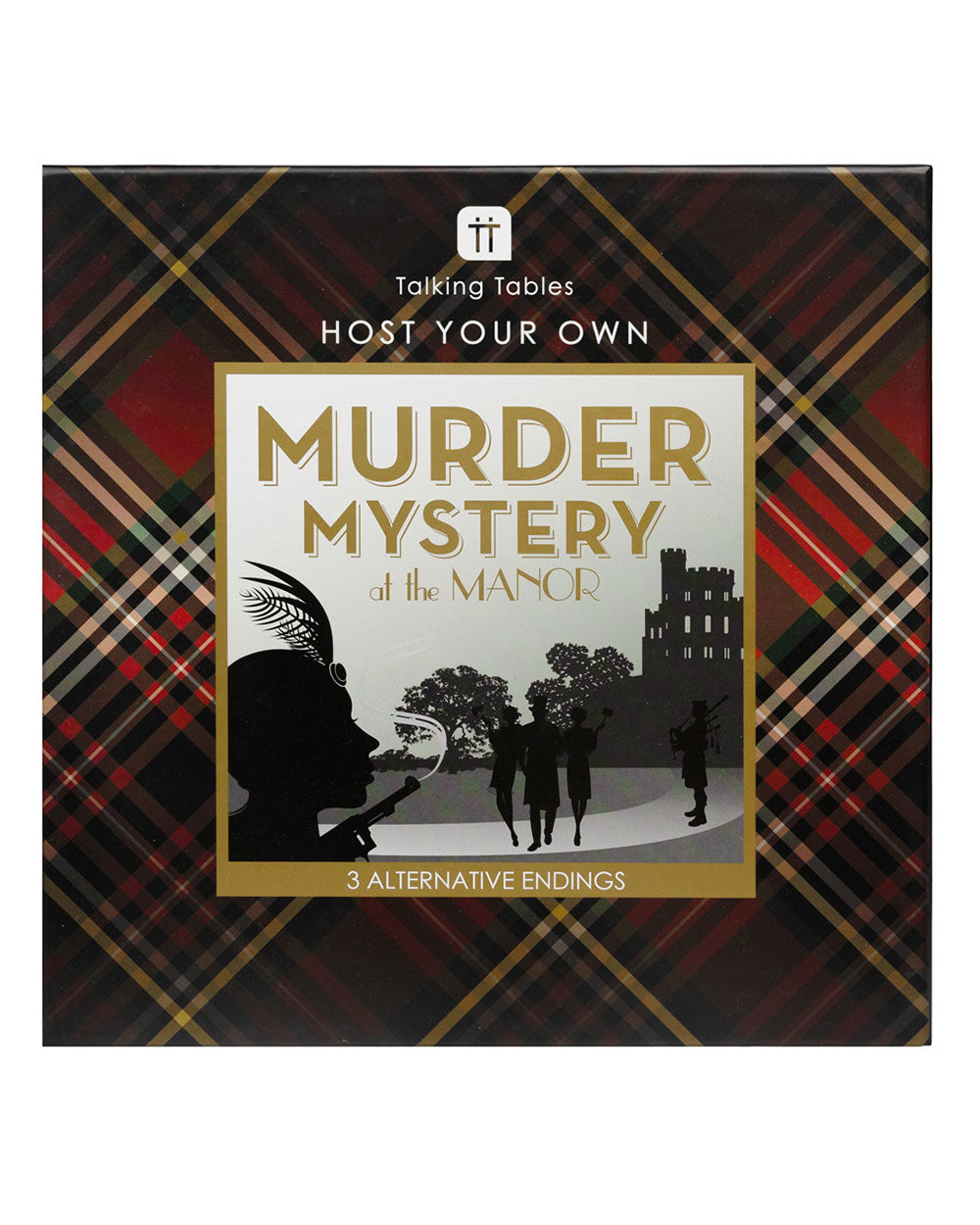 murder mystery game, at the manor in a tartan box. Photo of the front of the box on a white cut out back ground