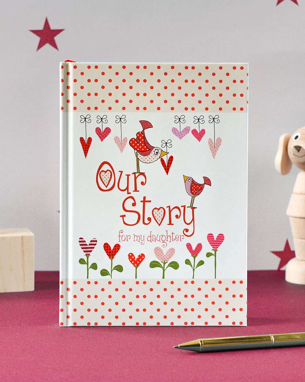 our story from you to me daughter journal memory book lifestyle photo of the inside front cover stood up