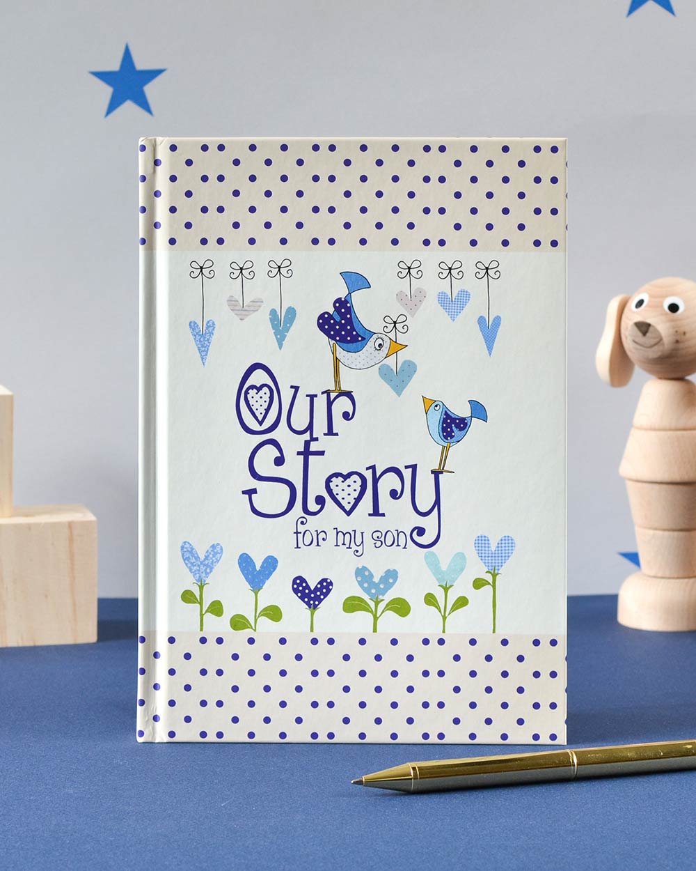 Memory Book Journal Our Story, for my Son lifestyle image of the front cover stood up
