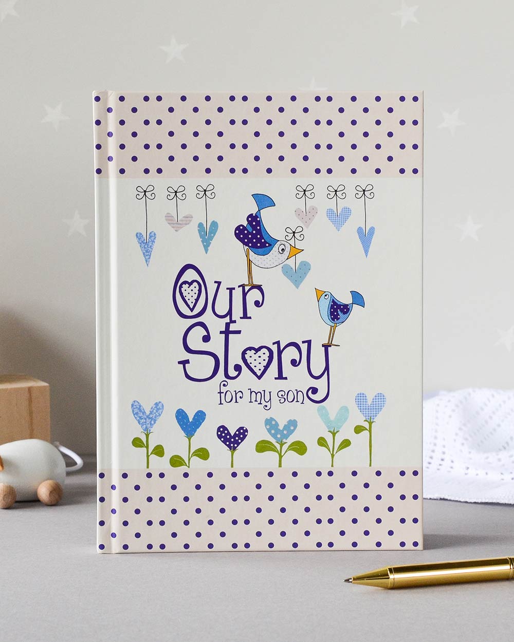 Memory Book Journal Our Story, for my Son lifestyle image of the front cover stood up